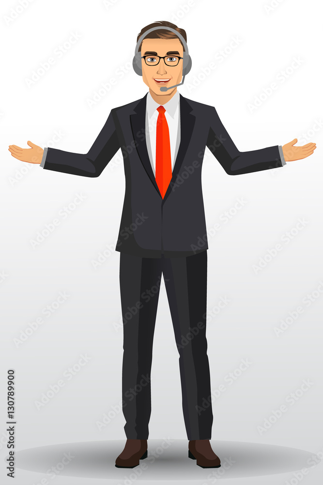 Customer service people, man wearing headsets of client services and communication, vector illustration. Customer service people, man wearing headsets of client services and communication, vector illustration.
