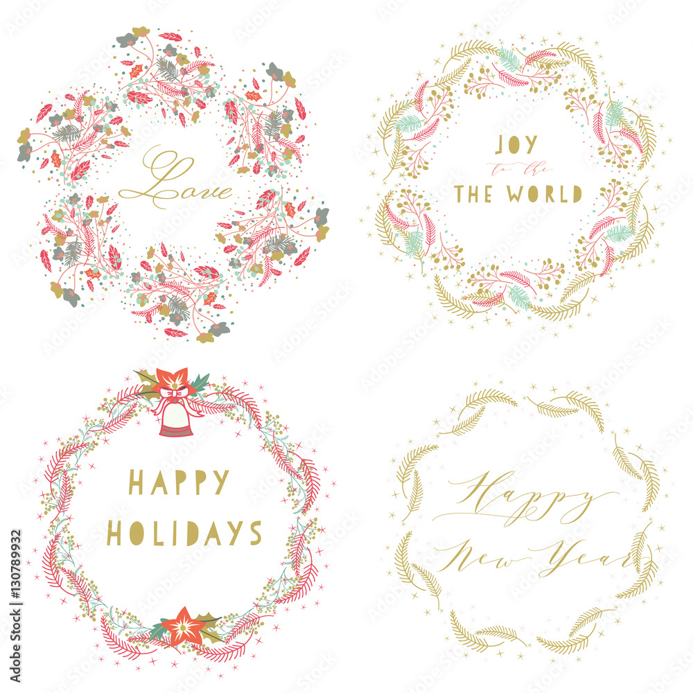 Whimsical hand drawn of celebration wreaths for happy holidays,happy new year,love and joy to the world. Whimsical hand drawn of celebration wreaths for happy holidays,happy new year,love and joy to the world.
