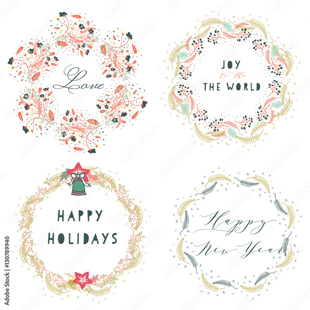 Whimsical hand drawn of celebration wreaths for happy holidays,happy new year,love and joy to the world.