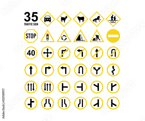Complete yellow Traffic Sign and Road Sign Vector Icon Set