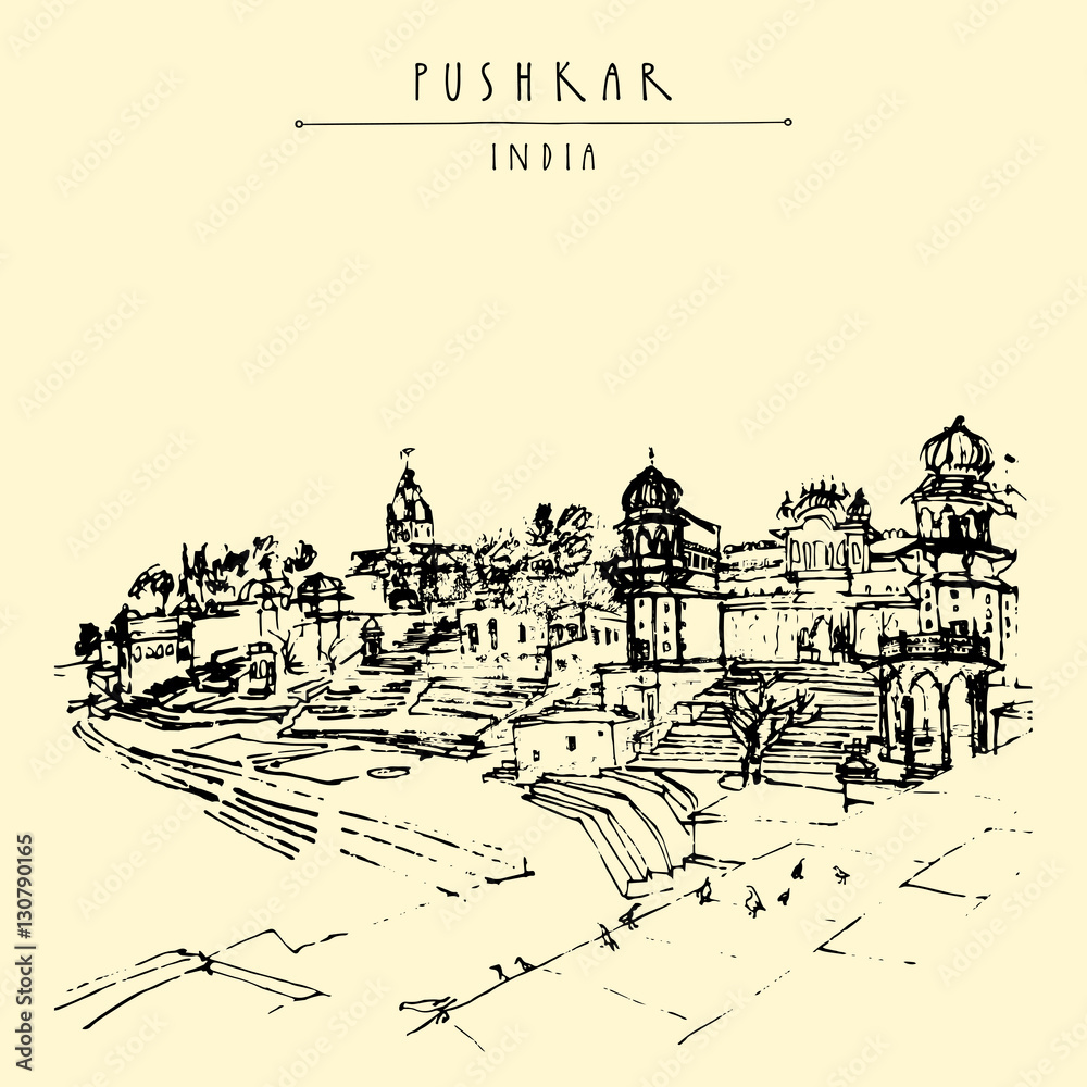 Pushkar lake. Rajasthan, India. Hand drawn cityscape sketch. Travel postcard