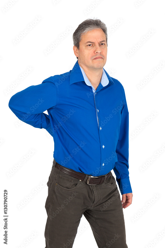 Handsome man doing different expressions in different sets of clothes: backache Handsome man doing different expressions in different sets of clothes: backache