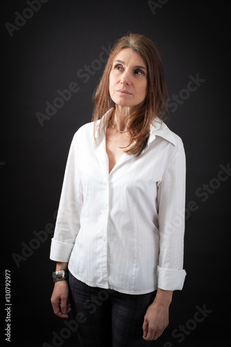 Beautiful woman doing different expressions in different sets of clothes: worried