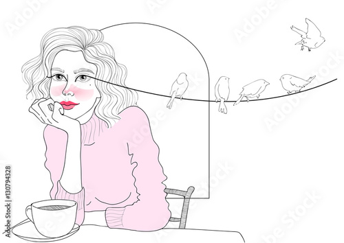 vector beautiful dreamy girl with the longest eyelashes in the world at a table in a cafe by the window