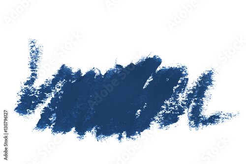 Blue color cosmetic eye pencil strokes, beauty product samples isolated on white background
