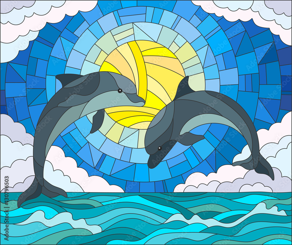 Fototapeta premium Illustration in stained glass style with a pair of dolphins on the background of water ,cloud, sky and sun