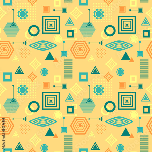 Abstract seamless pattern in postmodern Memphis Style blue green on yellow beige