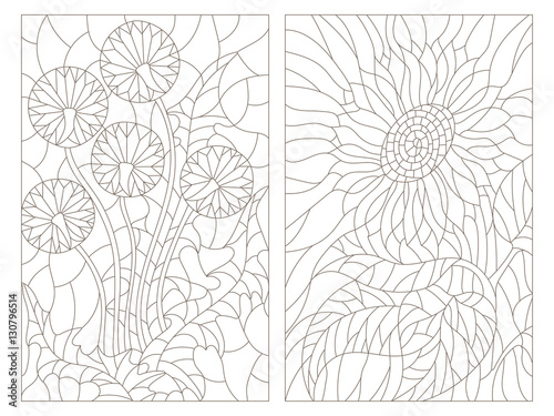 Set contour illustrations in the stained glass style, abstract flowers of blowball and sunflower, dark outline on a white background