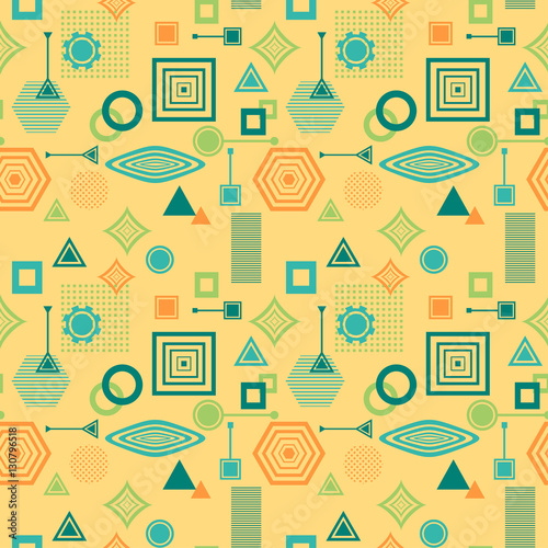 Abstract seamless pattern in postmodern Memphis Style blue green on yellow beige