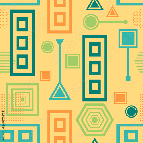 Abstract seamless pattern in postmodern Memphis Style blue green on yellow beige