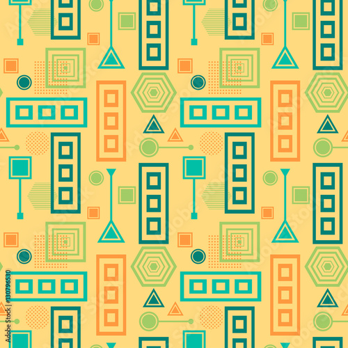 Abstract seamless pattern in postmodern Memphis Style blue green on yellow beige