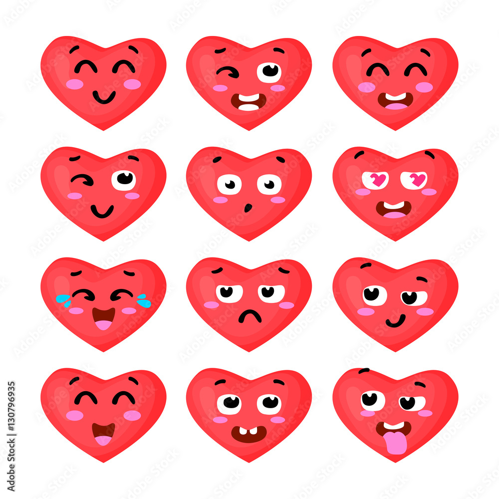 Vector illustration of the set of heart emoticons isolated on white ...