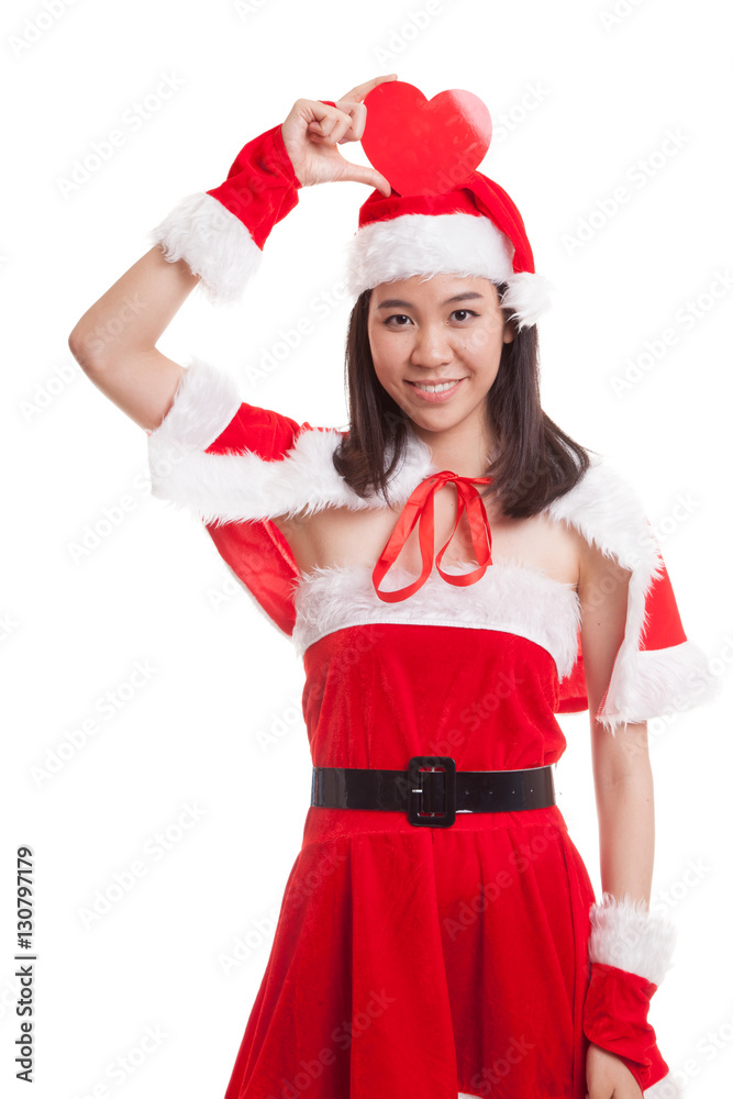 Asian Christmas Santa Claus girl with red heart. Asian Christmas Santa Claus girl with red heart.