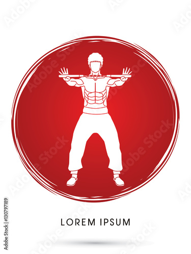 Man and nunchaku ready to Fight designed on grunge circle background graphic