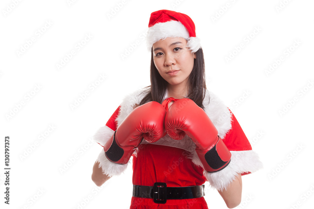 Asian Christmas Santa Claus girl with boxing glove. Asian Christmas Santa Claus girl with boxing glove.