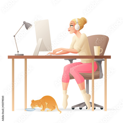 Vector freelance woman working home office with desktop computer.