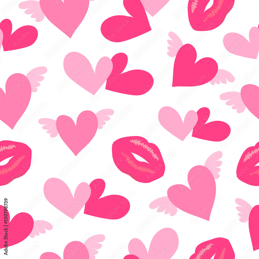 Primitive seamless retro pattern with different lips and hearts
