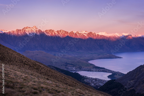 The Remarkables mountain and Lake Wakatipu at dusk