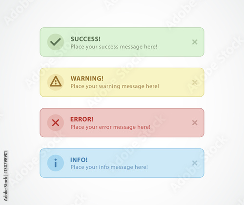 Notification messages for web design. Success, Warning, Error, Info message.