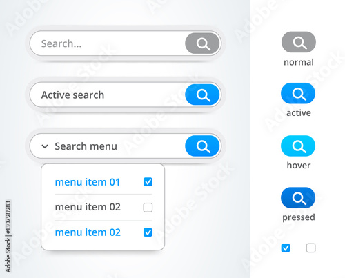 Blue search bar. Web design elements set