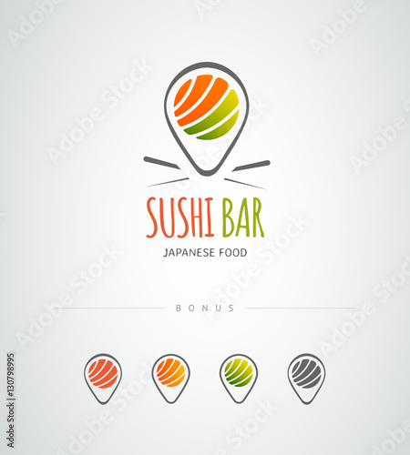 Vector sushi bar logo icon design set. Corporate identity icons. Sushi set. Clean and simple sushi pin icons set isolated on white. Pointer design.