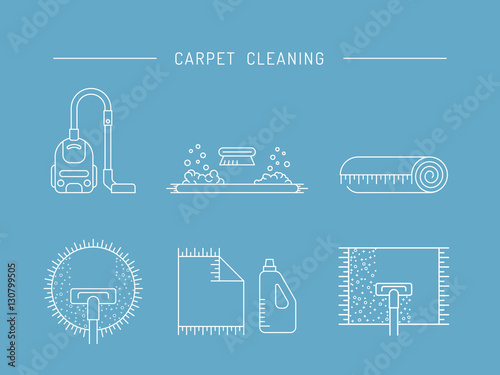Cleaning of carpets with vacuum cleaner and detergents drawn in a linear style. Vector logo of the cleaning company, booklet, flyer