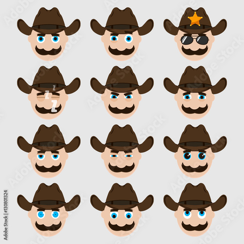 Set of cute cowboy emoticons.