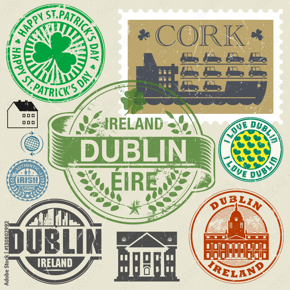 Naklejka premium Znaczki podróżne lub zestaw symboli, motyw Irlandia, Dublin
