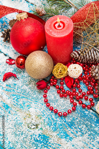 Christmas decoration hanging over wooden background