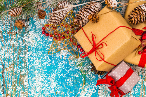 Christmas decoration hanging over wooden background