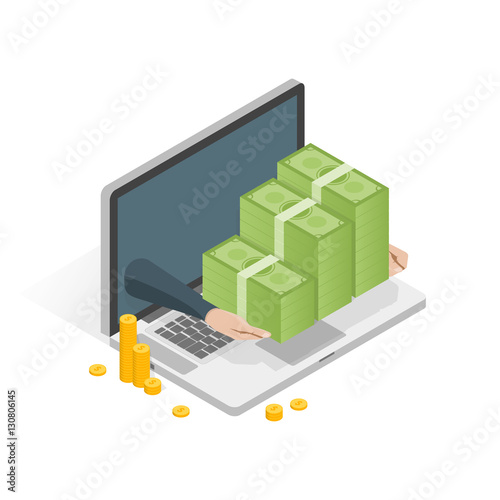 Isometric laptop with money stack vector illustration