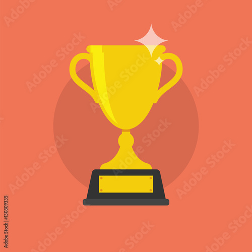 Trofeo di vittoria, coppa dorata scintillante su sfondo rosso, illustrazione flat vettoriale