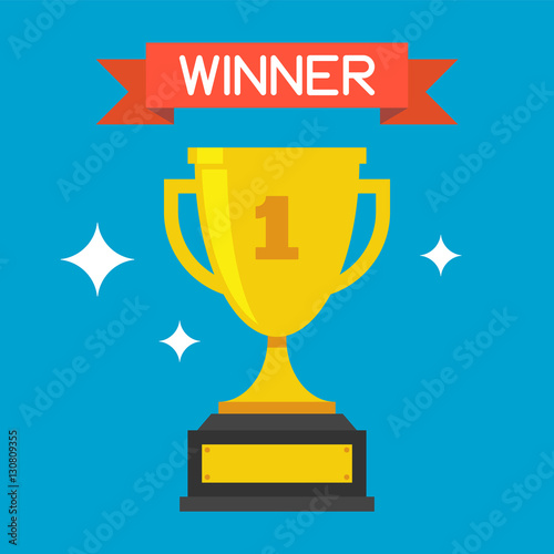Trofeo di vittoria, coppa dorata scintillante con numero uno e nastro rosso con scritta WINNER su sfondo blu, illustrazione flat vettoriale