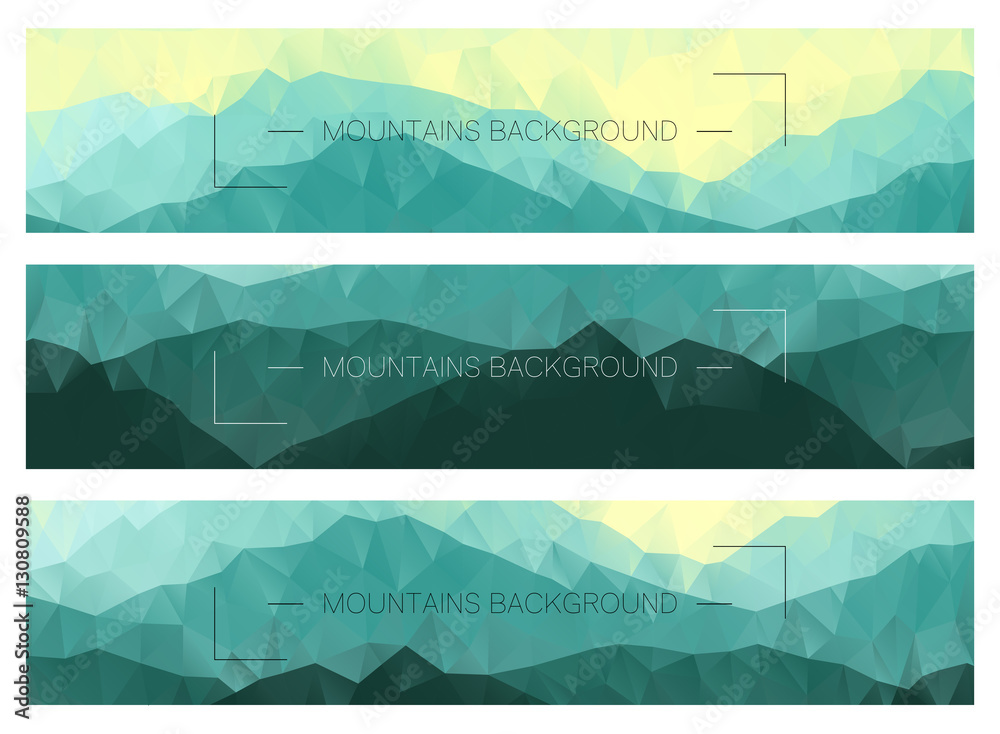 Abstract polygonal banners with mountain ridges. Modern business layouts. Horizontal nature backgrounds.