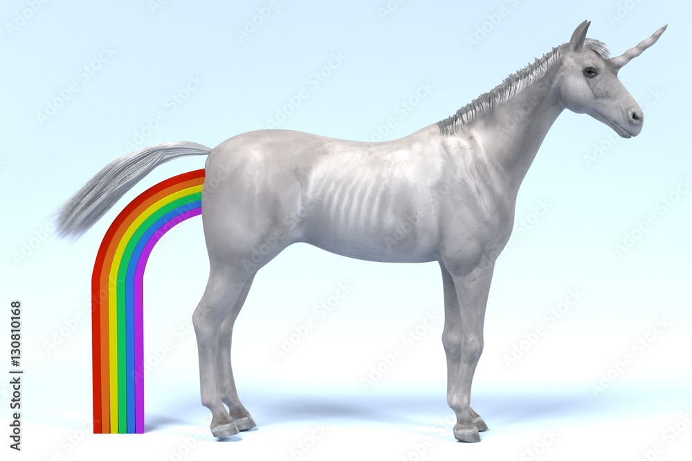3d render of unicorn defecates rainbow