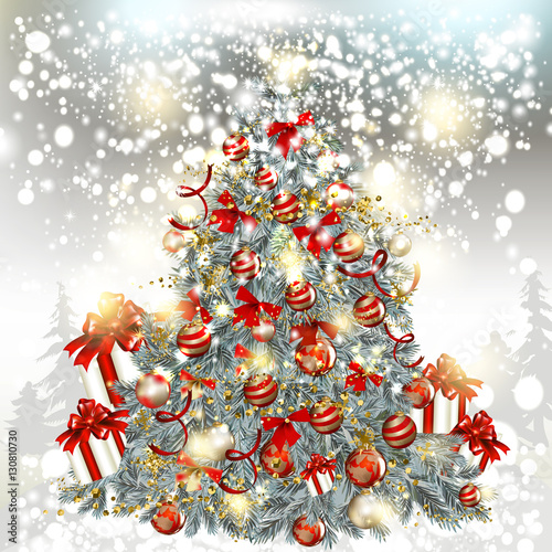 Christmas vector tree on a  silver glitter particles background