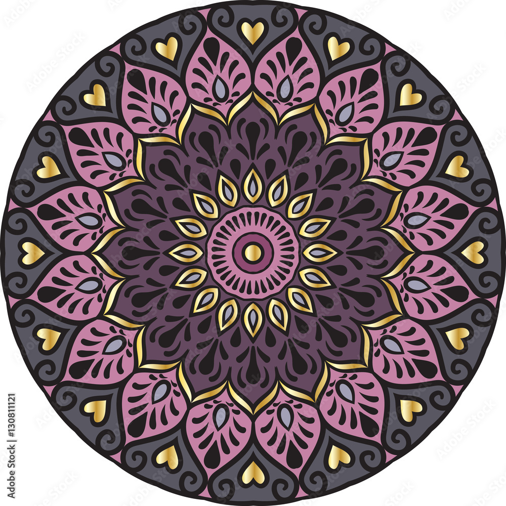 Drawing of a floral mandala in gold, violet and  maroon colors on a white background. Hand drawn tribal  vector stock illustration