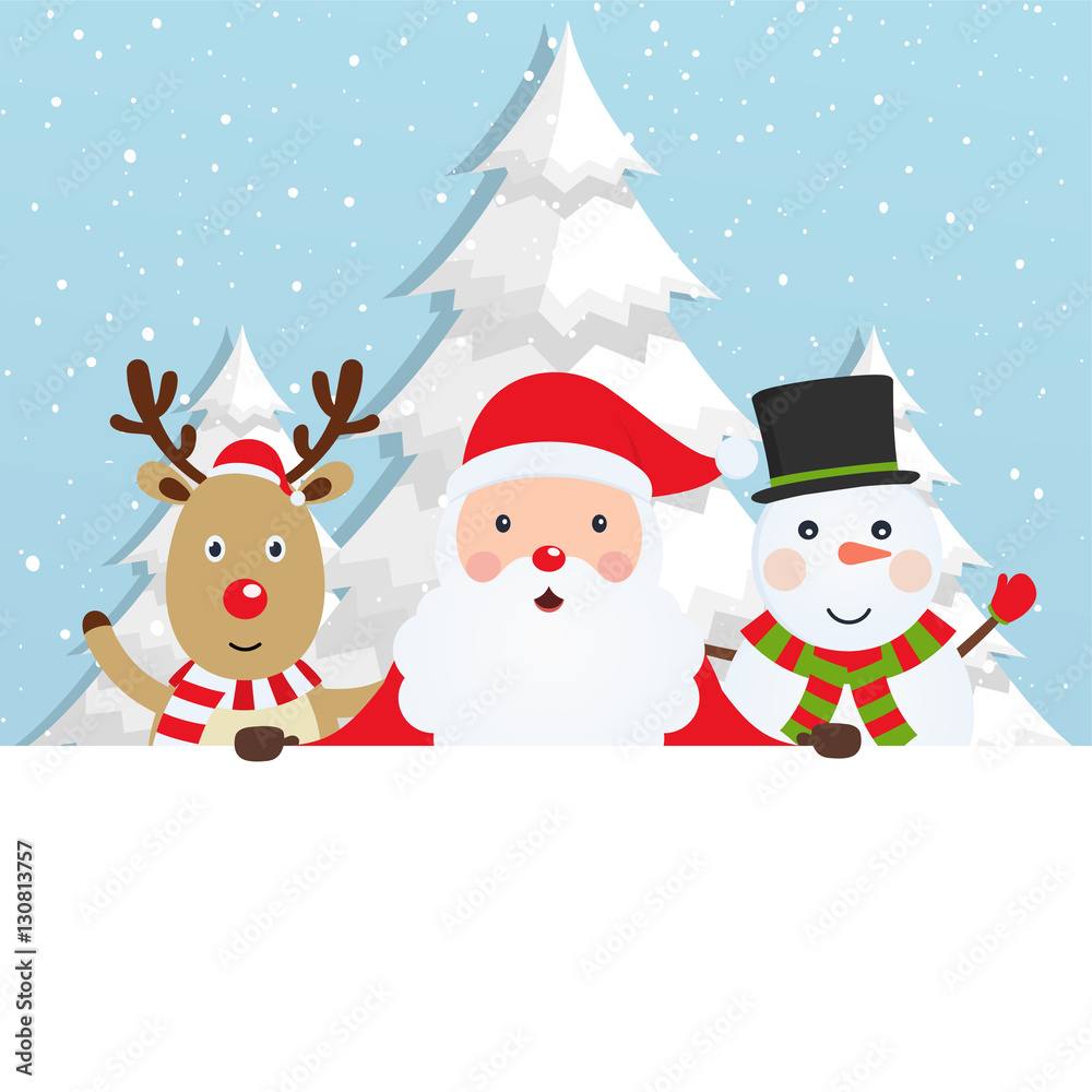 Santa Claus with reindeer and a snowman on snowy background with Christmas trees. Winter greeting card. Santa Claus with reindeer and a snowman on snowy background with Christmas trees. Winter greeting card.