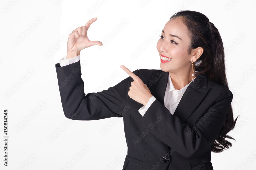 Young Buisnesswoman with finger point up on white background Young Buisnesswoman with finger point up on white background