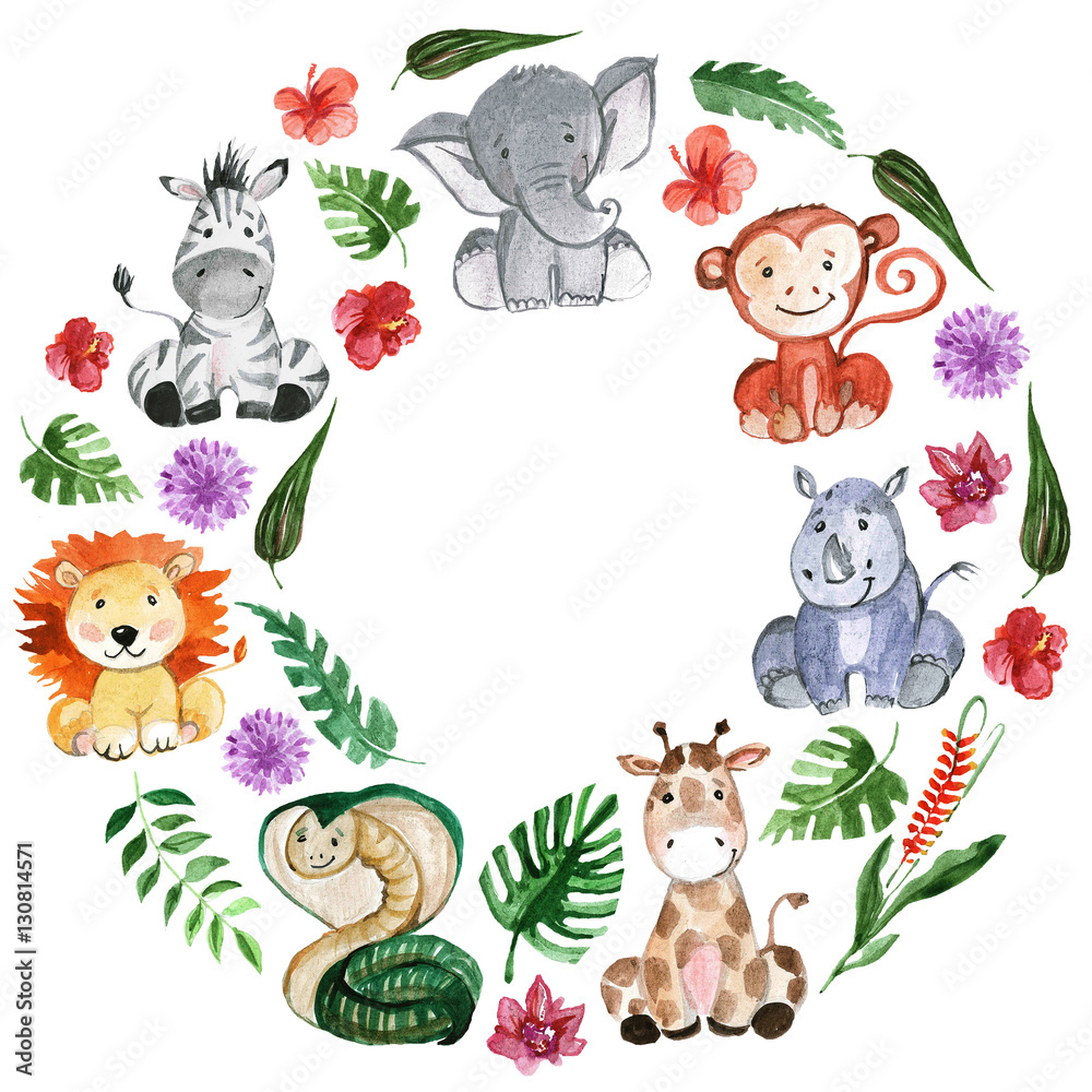 Obraz premium Watercolor jungle friends Animals, africa, tropical leaves