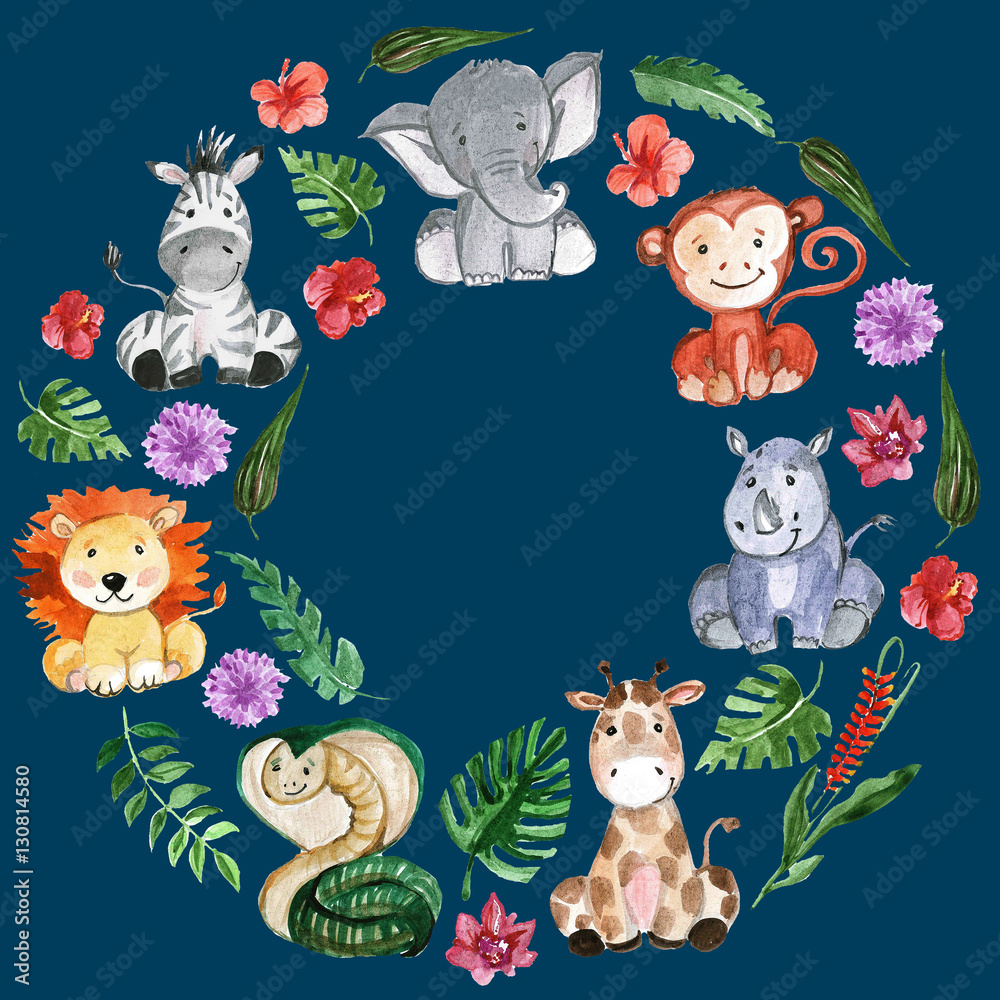 Fototapeta premium Watercolor jungle friends Animals, africa, tropical leaves