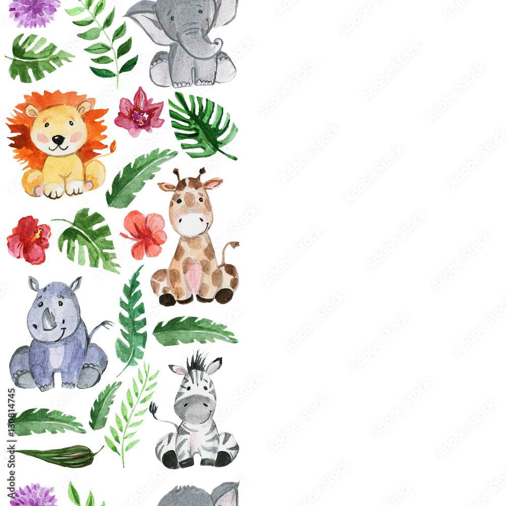 Watercolor jungle friends Animals, africa, tropical leaves