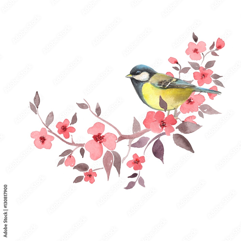 Bird on floral branch 2. Red flowers. Watercolor painting. Isolated on white