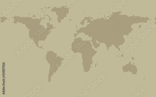 Dotted map on khaki background with resolution 2000x1000 dots and all major earth continents - Eurasia  North and South America  Africa  Australia.