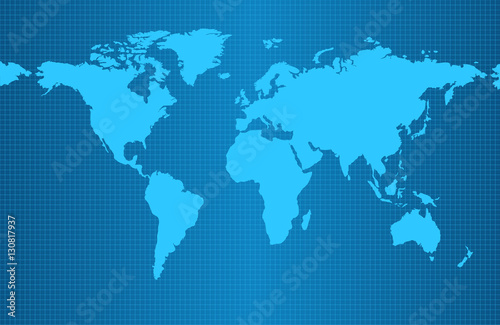 Earth map on blue gradient background with grid and all major earth continents - Eurasia, North and South America, Africa, Australia.