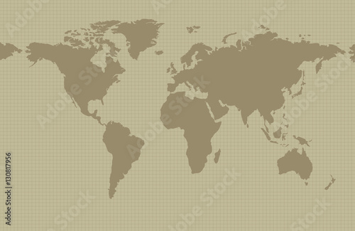 Earth map on khaki background with grid and all major earth continents - Eurasia  North and South America  Africa  Australia.