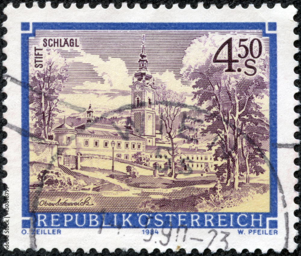  stamp printed in the Austria shows Schlagl Monastery, Upper Austria, circa 1984