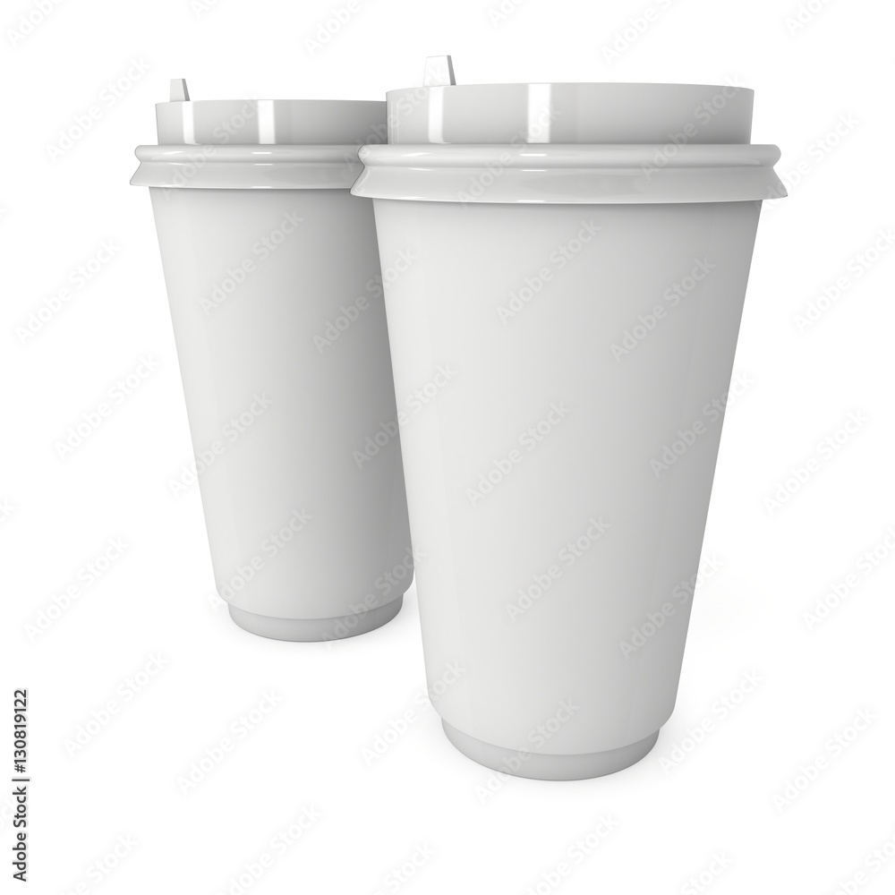 Disposable coffee cups. Blank paper mug with plastic cap. 3d render isolated on white background Disposable coffee cups. Blank paper mug with plastic cap. 3d render isolated on white background
