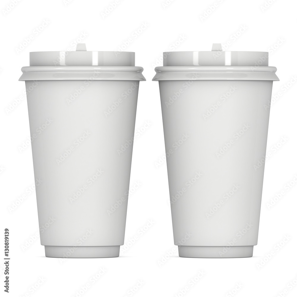 Disposable coffee cups. Blank paper mug with plastic cap. 3d render isolated on white background Disposable coffee cups. Blank paper mug with plastic cap. 3d render isolated on white background