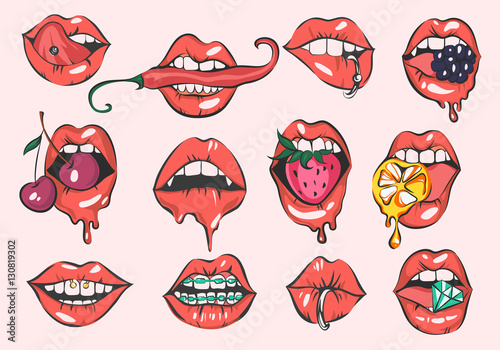 Pop art sexy lips vector set
